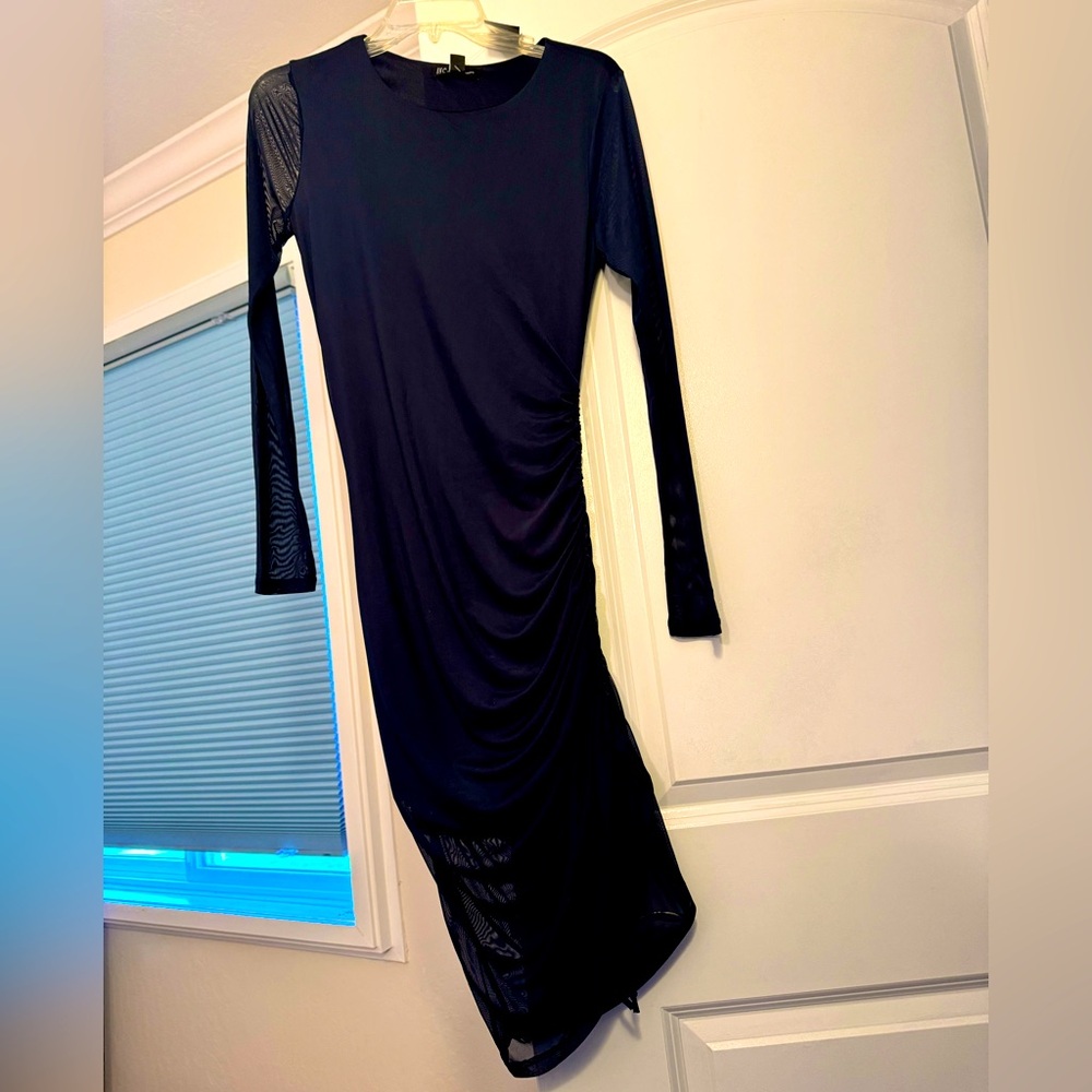 Brand NEW Sheer Mesh Sleeves Dark Navy Dress with Rushed Sheer Mesh bottom!